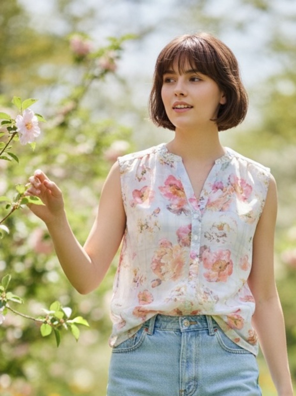 Lucy & Laurel Sleeveless Floral Button-Front Blouse in Pink, Blue and Yellow